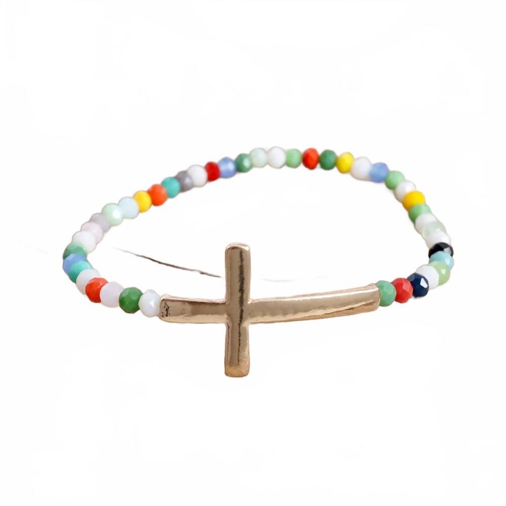 NEW PENNYLINE INC women's minimal sideways cross bracelet with glass beads in mu